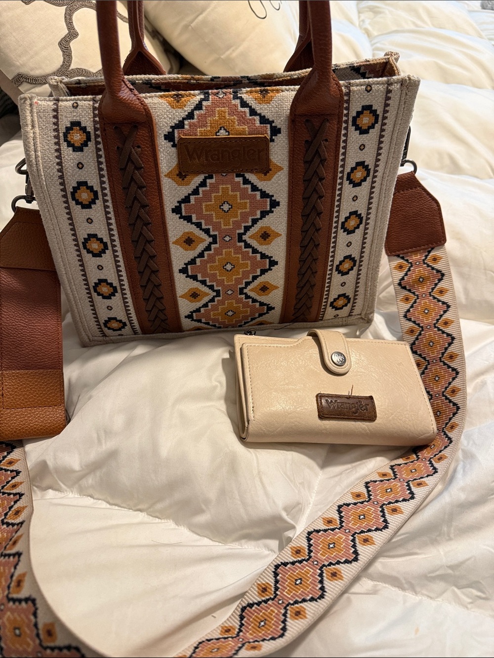 Wrangler Beige and Brown Southwestern Tote with Patterned Strap and wallet